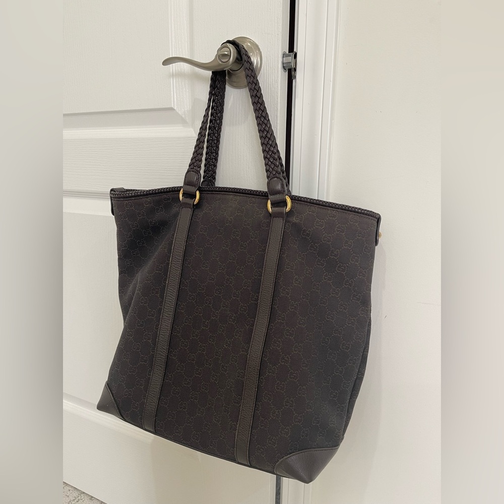 Gucci Chocolate Denim Monogram Tote Bag W/Braided Handles and Tassels - Picture 2 of 15